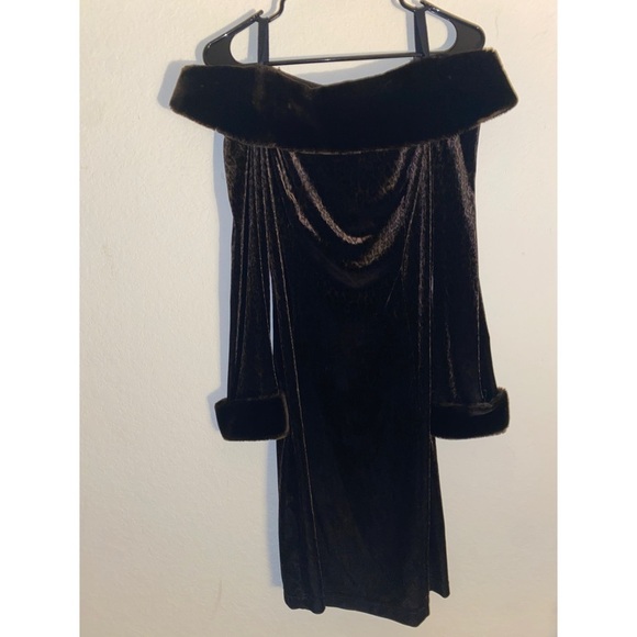 Vintage Joseph Ribkoff Brown Velvet Leopard Print Faux Fur Trim Midi Dress 8 - Picture 2 of 10